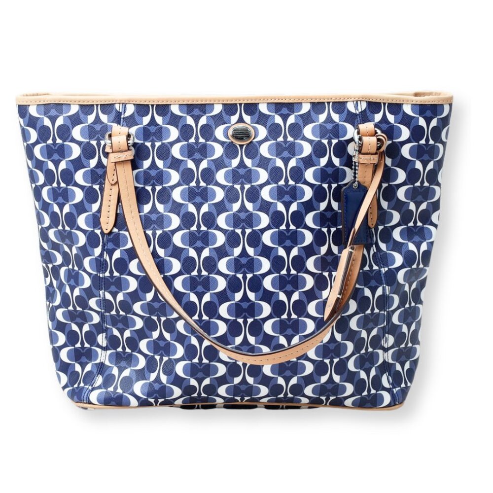 Coach Blue Signature Logo Tote with Natural Leather Trim in Tan